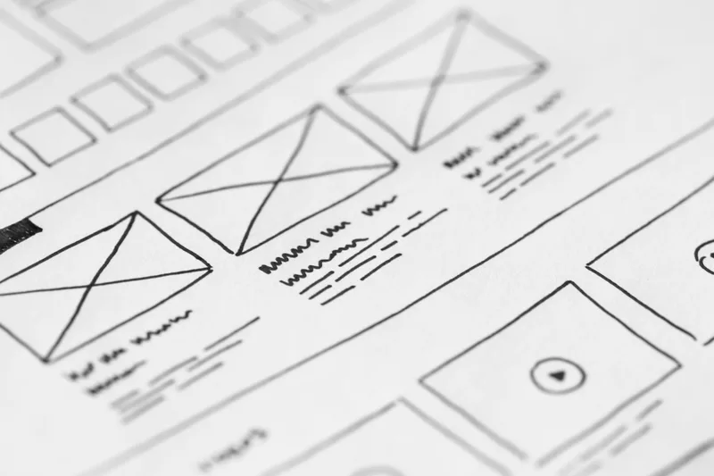 Hand-drawn wireframe sketch representing the section-by-section layout of a landing page template