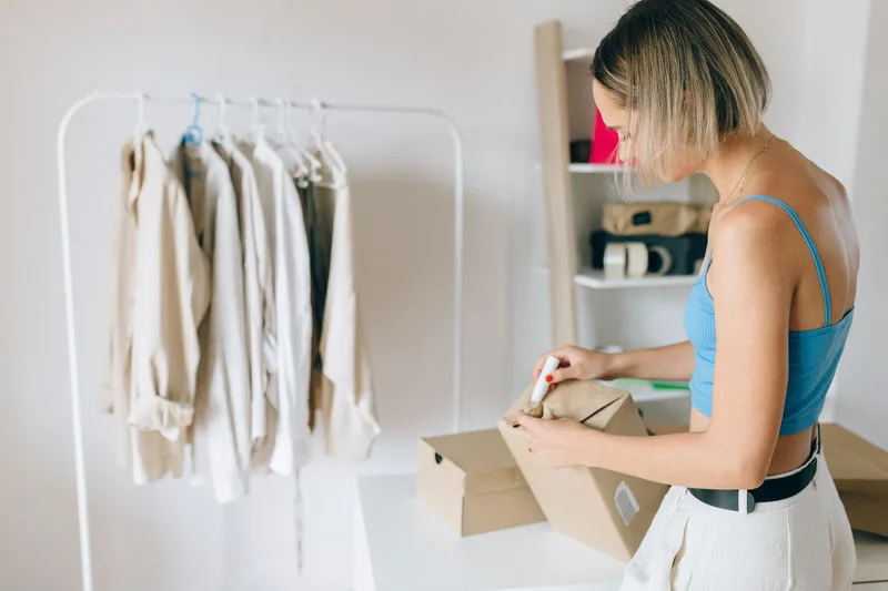 Woman packing clothes into a cardboard box in a bright room
